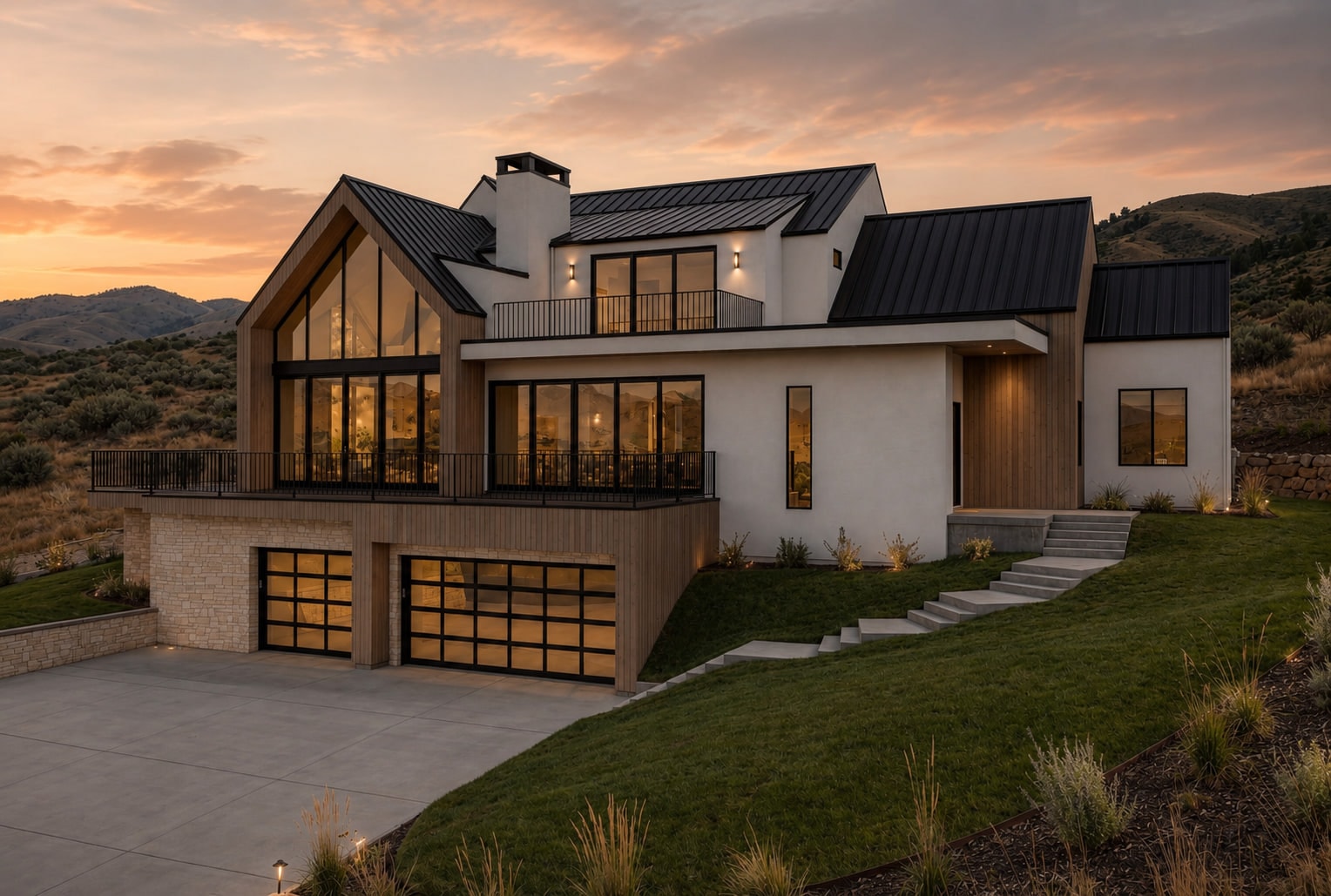 Rendering of the Crane Creek Residence at dusk: a custom home with standing-seam black metal roofs, vertical wood siding, white plaster walls, and a glazed gable overlooking the Boise foothills.